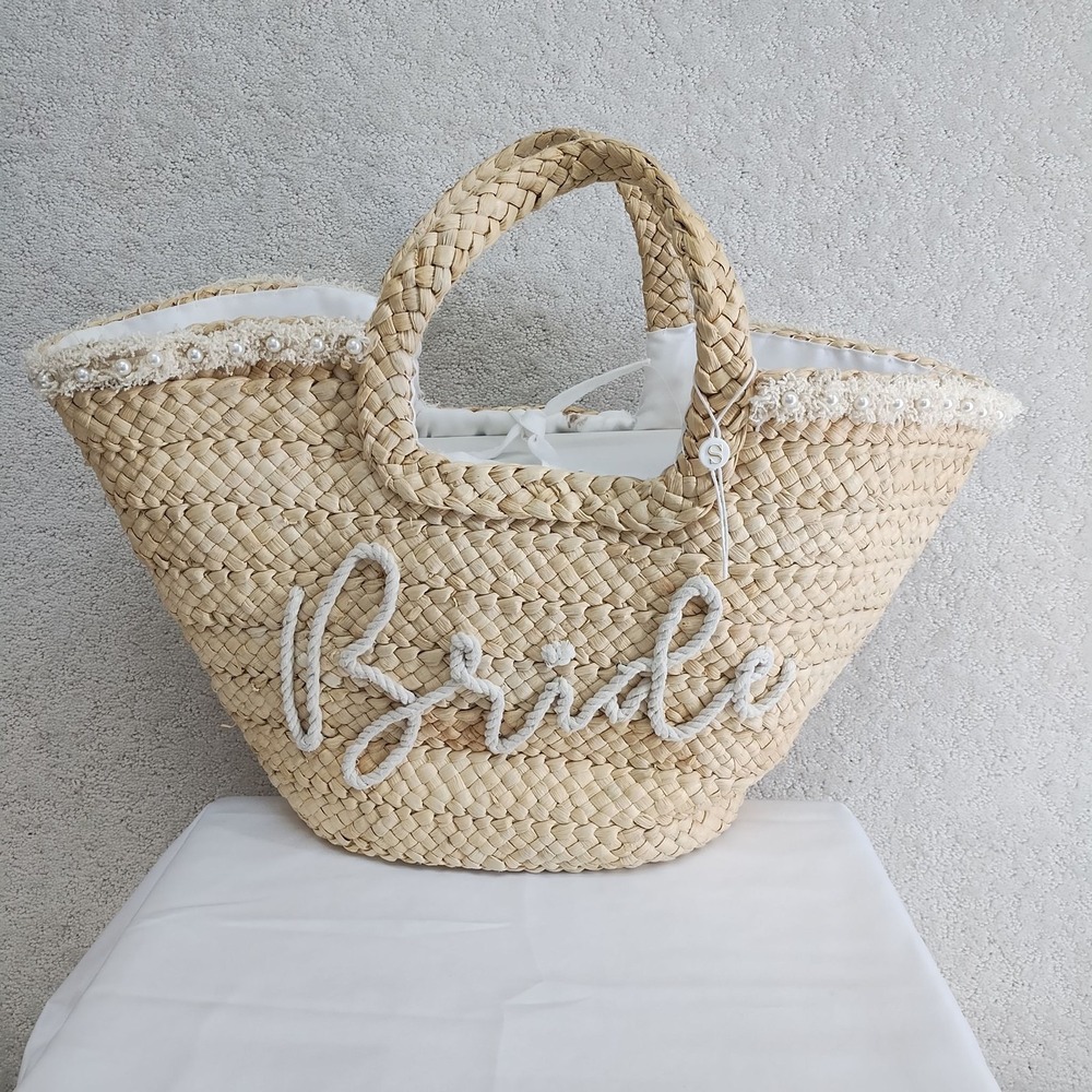 Shiraleah Tote Bag Womens Straw Bride Pearl Trim Lined Hand Carry Beach Bridal